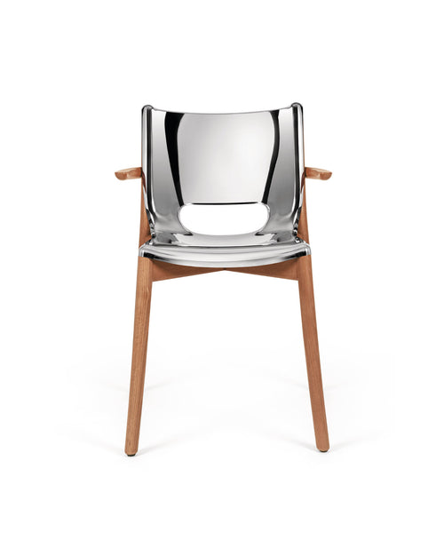 Poêle Collection mirror polished Monoshell chair with armrests Alessi